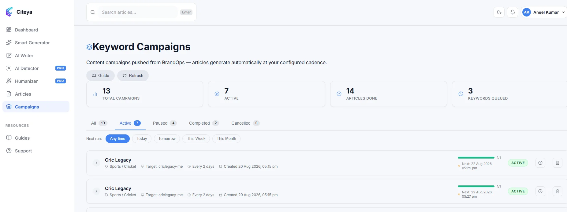 Citeya's Keyword Campaigns dashboard showing active, paused, and completed campaigns with next-run filters