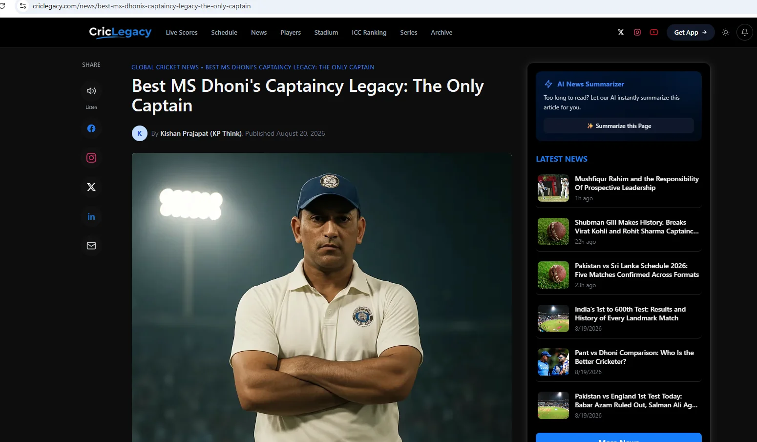 A Citeya-generated article live on CricLegacy, byline attributed to a named author, with related-news links on the sidebar